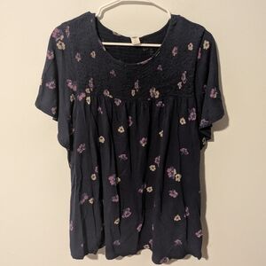 Old Navy Blue Floral Flutter Sleeve Smocked Yoke Shirt Size XL